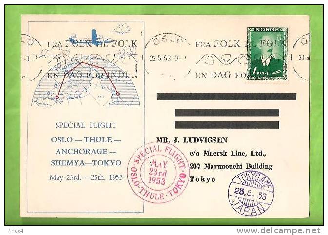 NORVEGIA POSTA AEREA CARTOLINA VOLO SPECIALE OSLO TOKYO 23 - 5 - 1953 - Cartas & Documentos