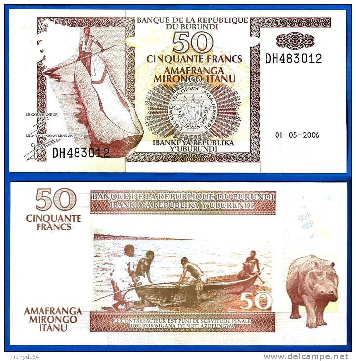 Burundi 50 Francs 2006 Neuf Bateau Pecheur Animal Rhinoceros Uncirculated Frcs Frc Low Shipping Paypal Skrill - Burundi