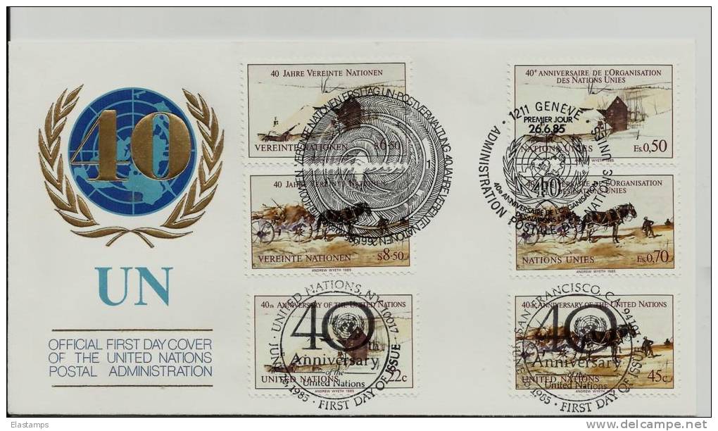 =UNO  FDC TRIO 1985 - Emisiones Comunes New York/Ginebra/Vienna