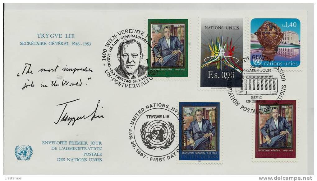 == UNO  FDC TRIO 1987 - Emisiones Comunes New York/Ginebra/Vienna