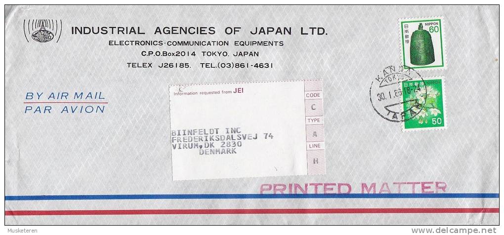 Japan Airmail Par Avion INDUSTRIAL AGENCIES OF JAPAN , KANDA (Tokyo) 1986 Cover Brief To VIRUM Denmark - Poste Aérienne