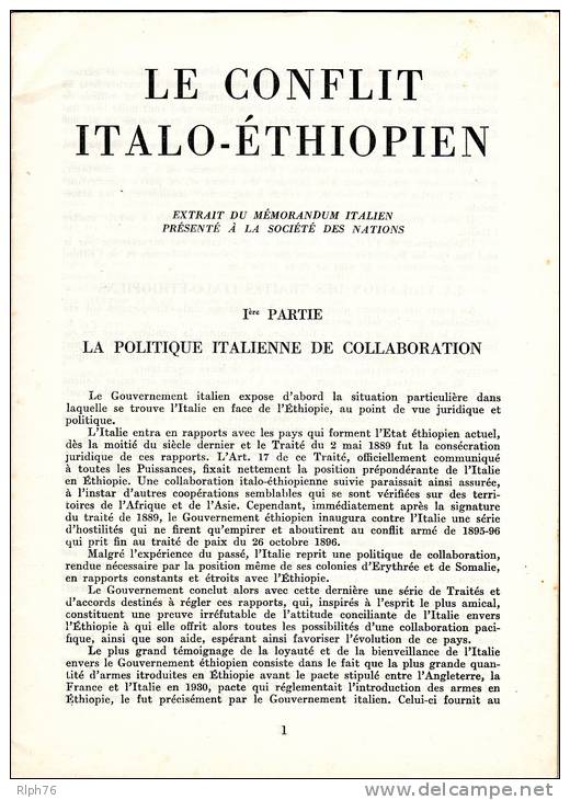 LE CONFLIT ITALO-ETHIOPIEN - 1935 - Extrait Du Mémorandum Italien Présenté à La Société Des Nations - 5. Guerres Mondiales
