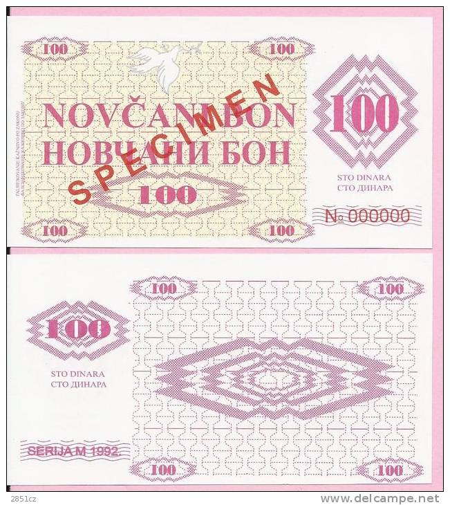 MONEY COUPON (NOV&#268;ANI BON) 100 DINARA - SPECIMEN - UNC, Seria M 1992., Bosnia And Herzegovina - Bosnië En Herzegovina