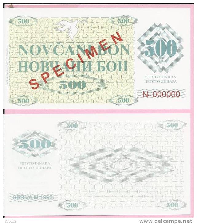 MONEY COUPON (NOV&#268;ANI BON) 500 DINARA - SPECIMEN - UNC, Seria M 1992., Bosnia And Herzegovina - Bosnie-Herzegovine