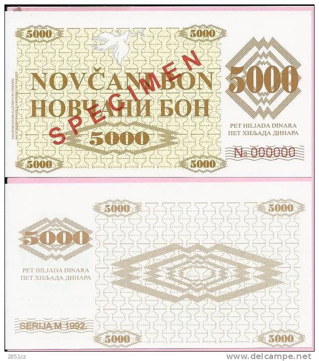 MONEY COUPON (NOV&#268;ANI BON) 5000 DINARA - SPECIMEN - UNC, Seria M 1992., Bosnia And Herzegovina - Bosnien-Herzegowina