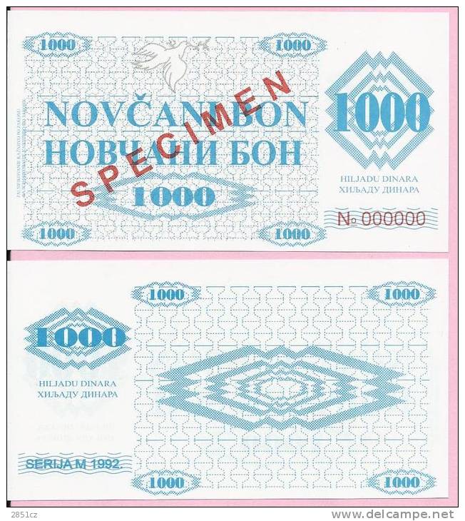 MONEY COUPON (NOV&#268;ANI BON) 1000 DINARA - SPECIMEN - UNC, Seria M 1992., Bosnia And Herzegovina - Bosnien-Herzegowina