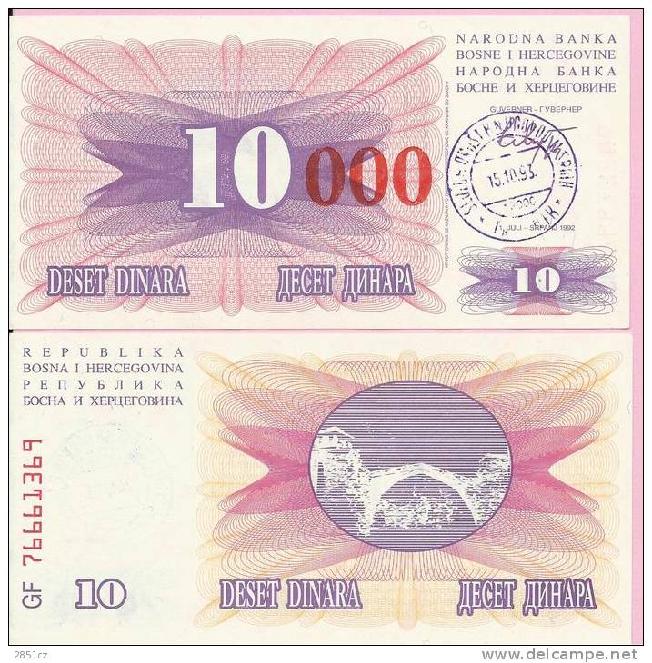 PAPER MONEY - UNC - OVERPRINT (red Zeroes) - 10 / 10 000 DIN, Travnik 15.10.1993, Bosnia And Herzegovina - Bosnia And Herzegovina