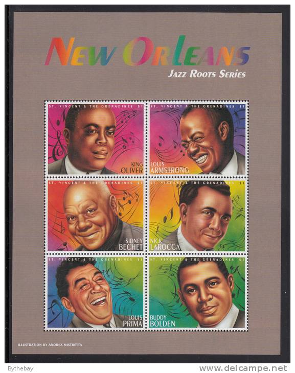 St. Vincent MNH Scott #2525 Sheet Of 6 $1Oliver, Armstrong, Bechet, Larocca, Prima, Bolden - Jazz - St.Vincent (1979-...)