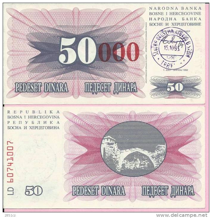 PAPER MONEY - UNC - OVERPRINT (red Zeroes) - 50 / 50 000 DIN, Travnik 15.10.1993, Bosnia And Herzegovina - Bosnië En Herzegovina