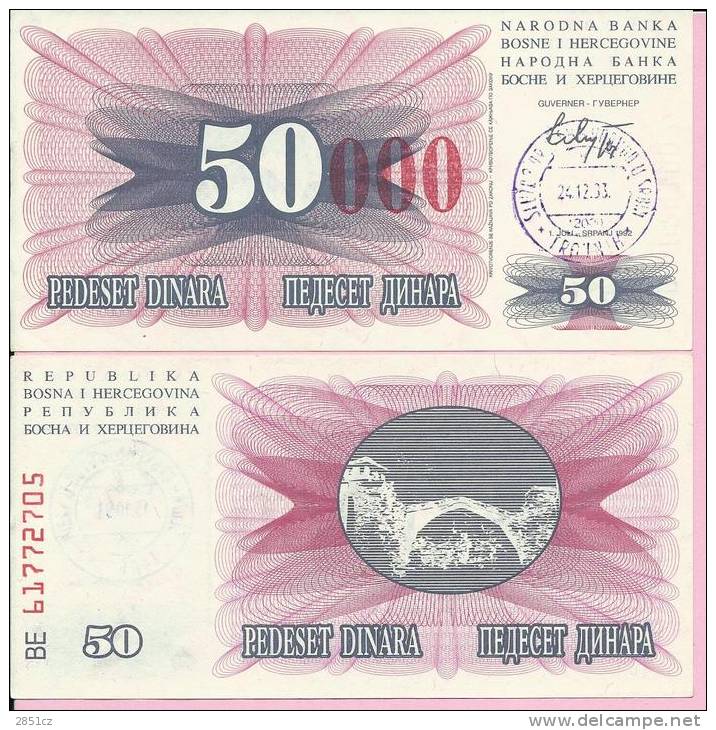 PAPER MONEY - UNC - OVERPRINT (red Zeroes) - 50 / 50 000 DIN, Travnik 24.12.1993, Bosnia And Herzegovina - Bosnië En Herzegovina