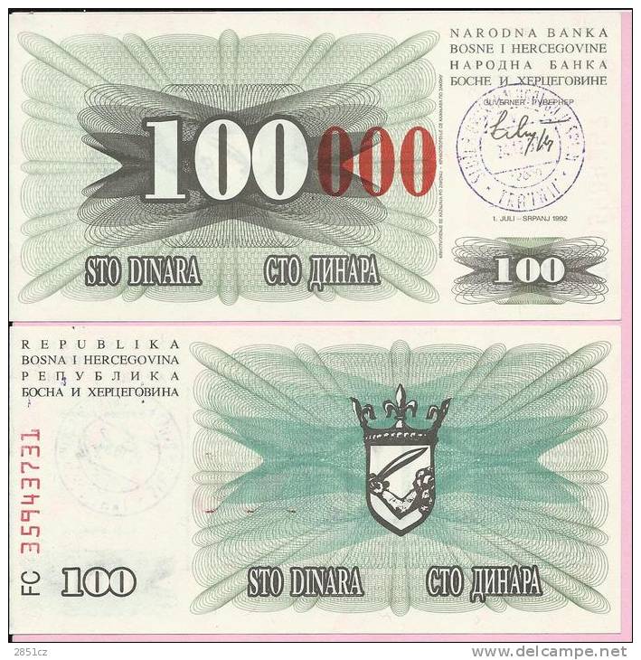 PAPER MONEY - UNC - OVERPRINT (red Zeroes) - 100 / 100 000 DIN, Travnik 24.12.1993, Bosnia And Herzegovina - Bosnien-Herzegowina