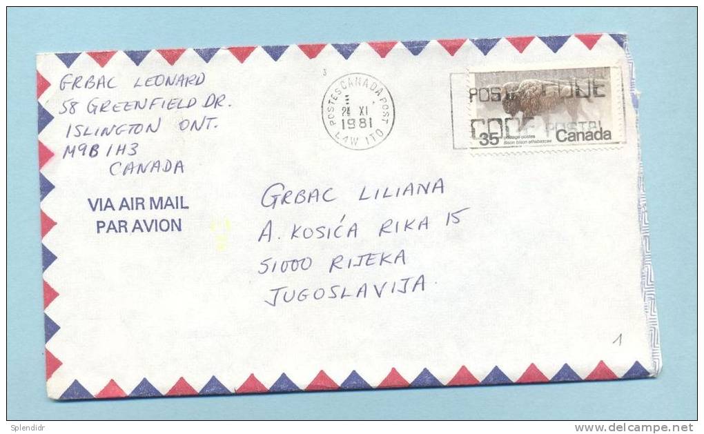 Canada-Ontario To Fiume-cover-air Mail-1981 - Briefe U. Dokumente