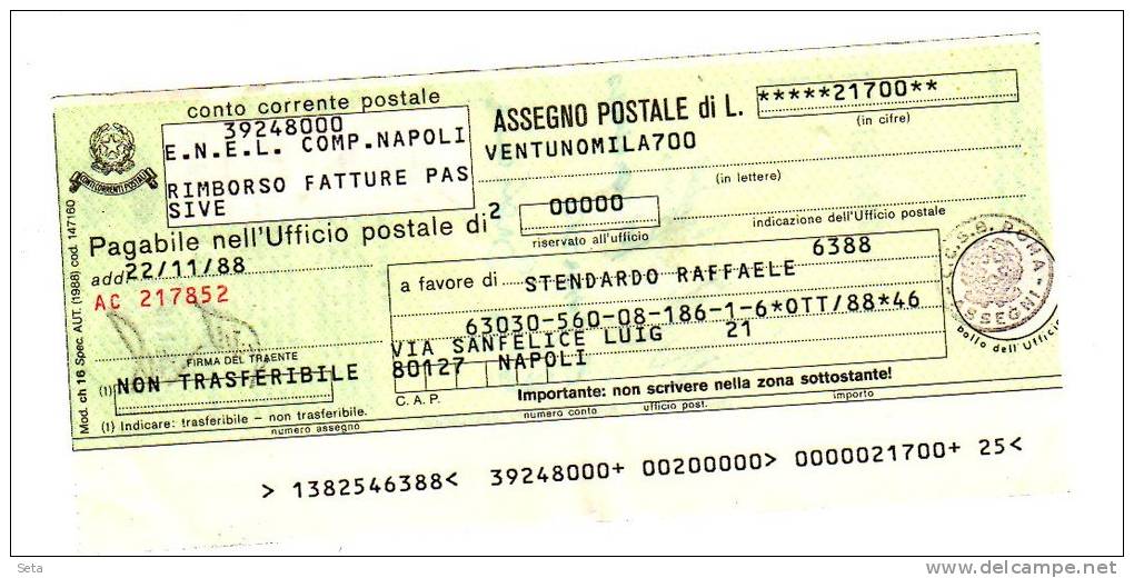 Assegno Postale ENEL In Lire, Non Incassato 1988 - Non Classificati