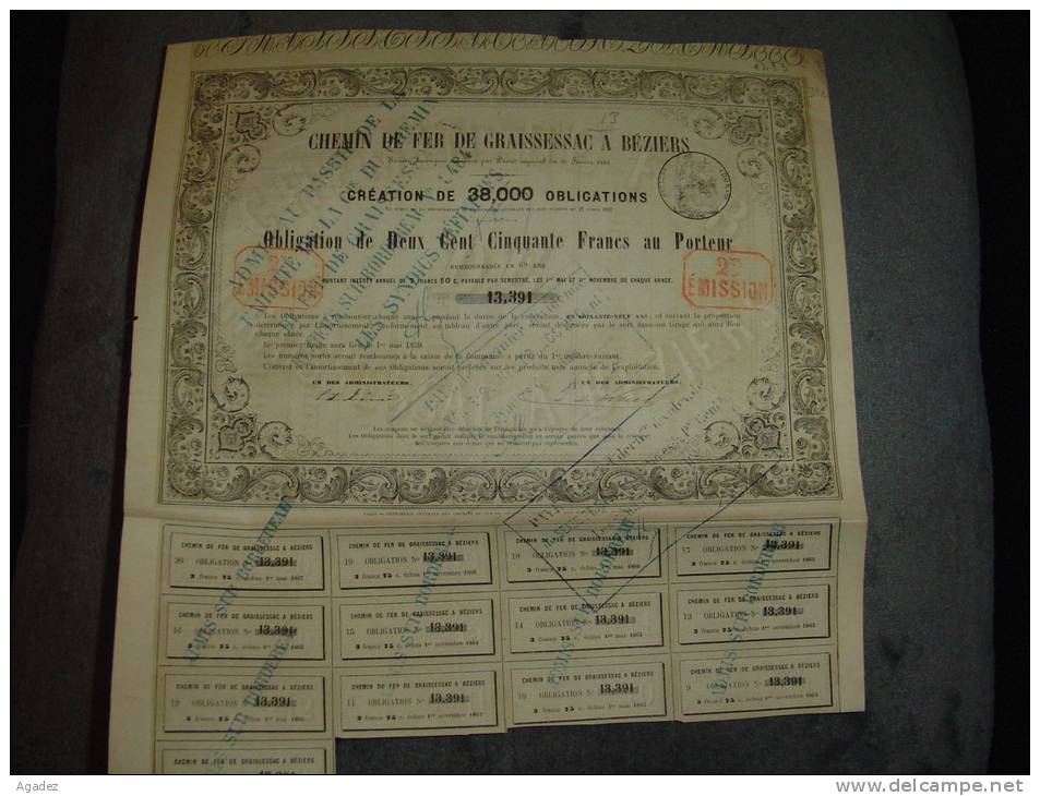 Obligation " Chemin De Fer De Graissessac à Béziers " 1857 Très Rare,reste Des Coupons. - Ferrocarril & Tranvías