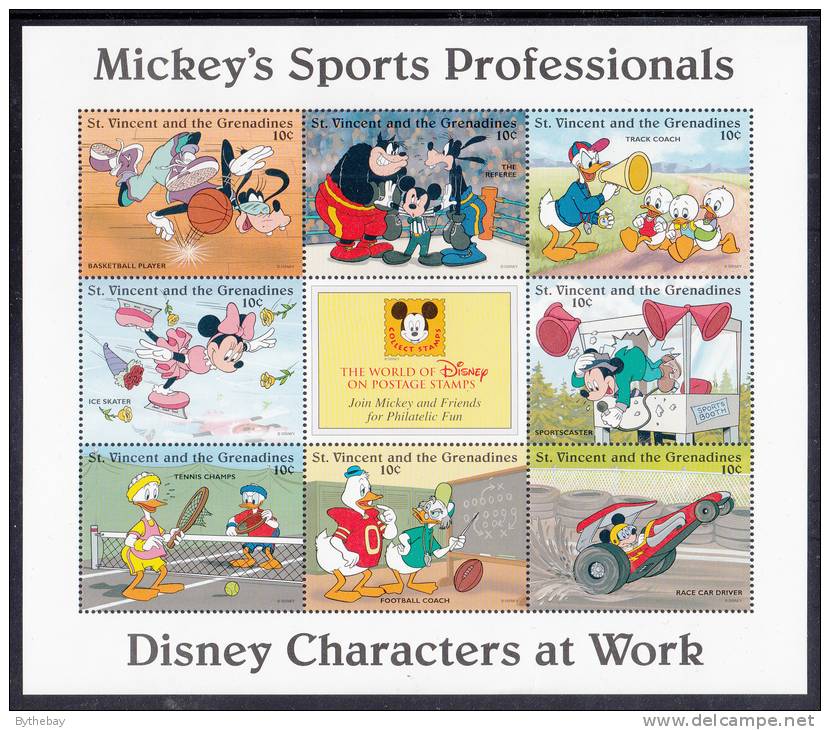 St. Vincent MNH Scott #2250 Sheet Of 8 10c With Center Label: Disney Characters As Sports Professionals - Disney