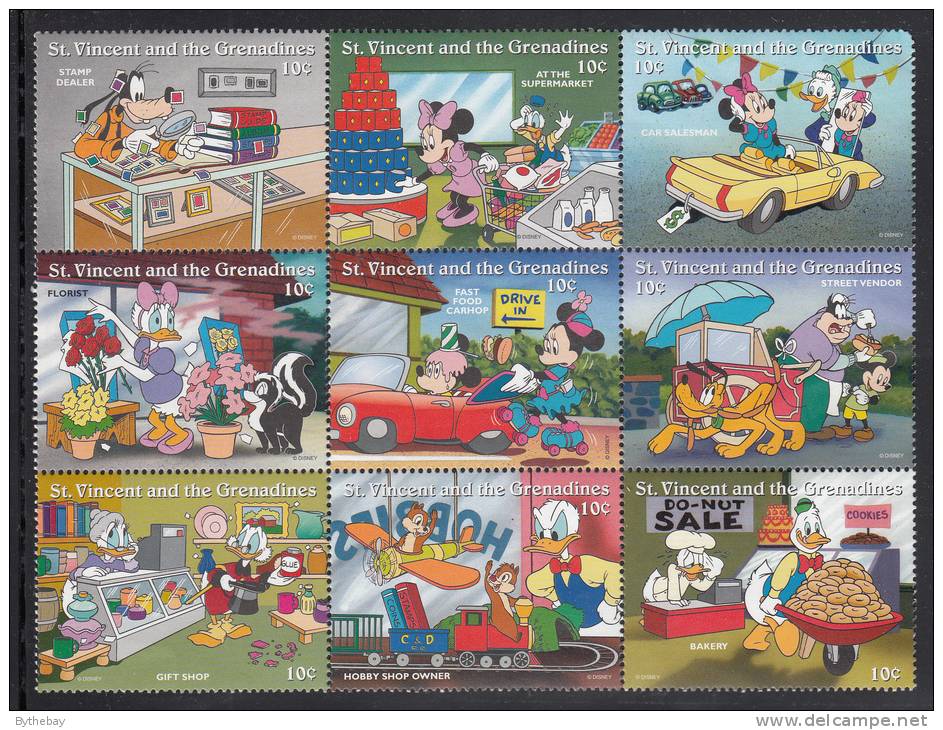 St. Vincent MNH Scott #2247 Block Of 9 10c Disney Characters As Merchants - Disney