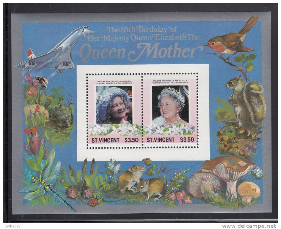 St. Vincent MNH Scott #866 Souvenir Sheet Of 2 $3.50 Queen Mother´s 85th Birthday - St.Vincent (1979-...)