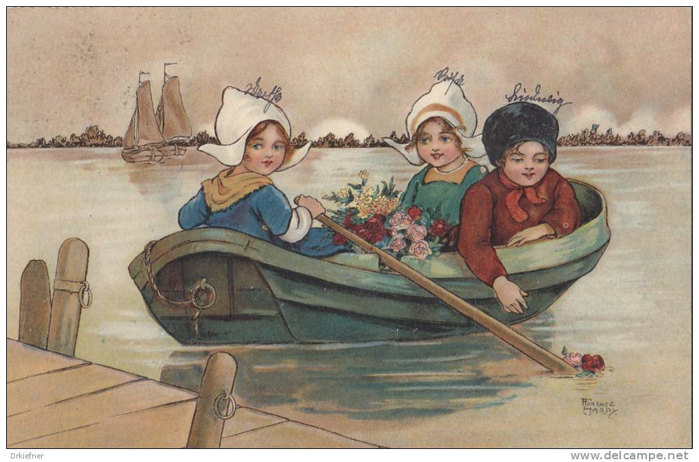 Künstlerkarte Von Florence Hardy: 3 Kinder Im Ruderboot, Meisje, Um 1915 - Hardy, Florence