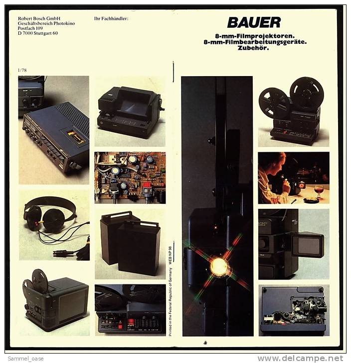 Reklame Werbe-Prospekt  -  BAUER 8 Mm Filmprojektoren , 8 Mm Filmbearbeitungsgeräte , Zubehör  -  Von Ca. 1982 - Caméscope