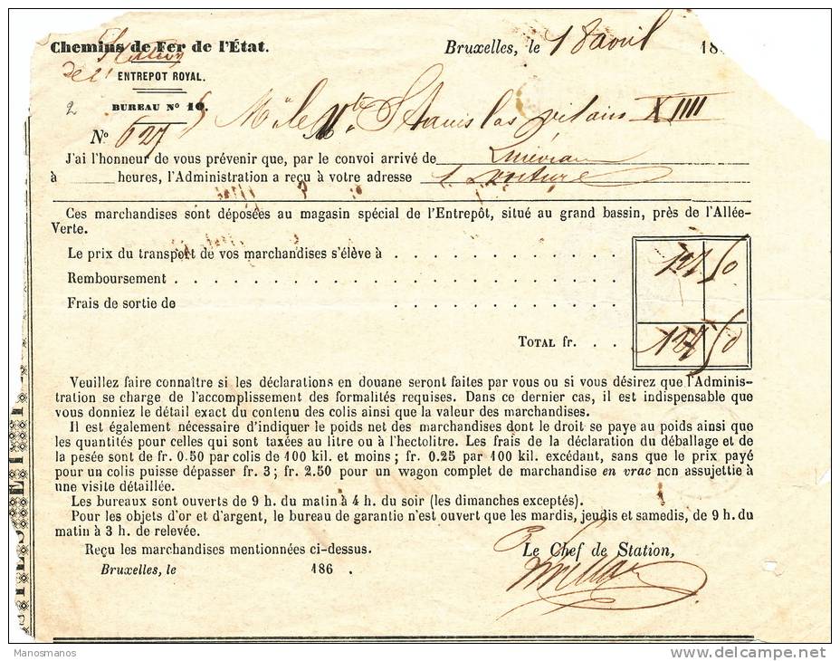 764/20 - Document Chemins De Fer 1867 -  Arrivée D'une Voiture Pour Le Vicomte Stanislas Vilain XIIII - Autres & Non Classés