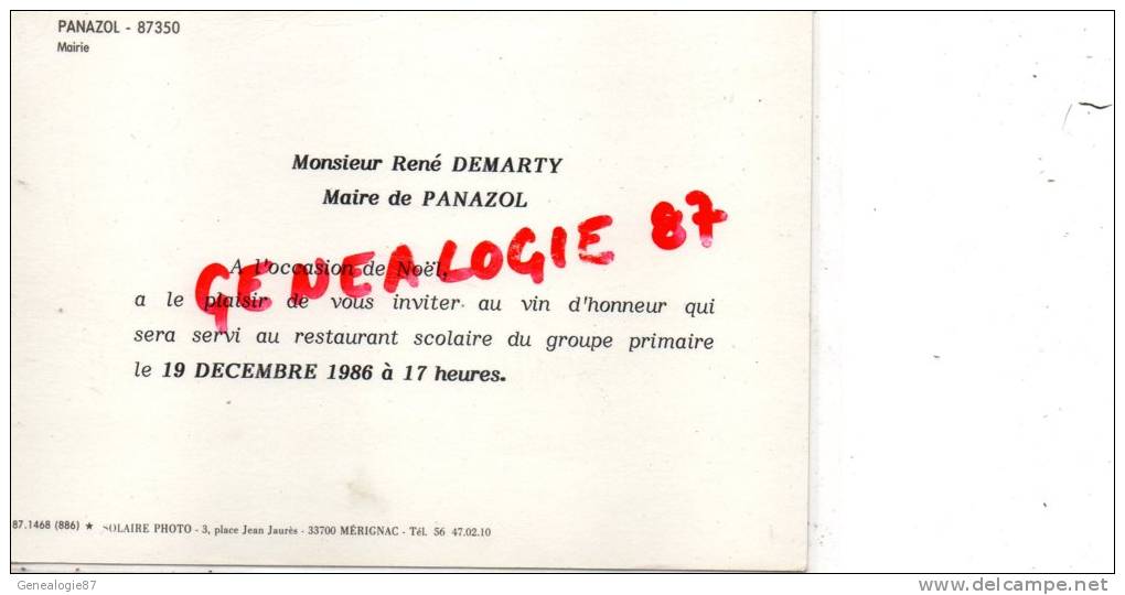 87 - PANAZOL - CARTE INVITATION NOEL 1986- LA MAIRIE - VUE AERIENNE - M. RENE DEMARTY MAIRE-TENNIS - Panazol