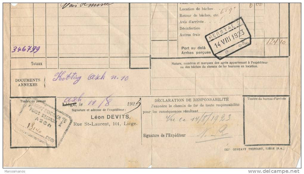 766/20 - 2 X Lettre De Voiture Gare De ASCH + Poids Reconnu 1923 Vers Gare De LIEGE-VIVEGNIS - Andere & Zonder Classificatie