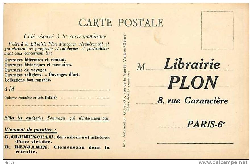 Themes Div-ref E329- Litterature -librairie Plon - Le President Georges Clemenceau  -carte Bon Etat    - - Personnages