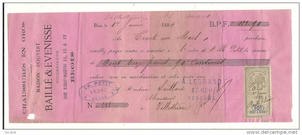 Lettre De Change, Baillé &amp; Evenisse (Chaussures En Gros) - BLois (41) - 1884 - Lettres De Change