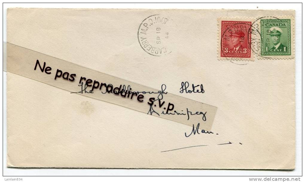 - Cover  Canada, CARBERRY, 2 Stamps, 1944, Man, Très Bon état, Rien Au Verso. - Storia Postale