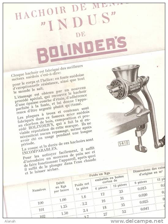 "BOLINDER'S" Pièces Détachées Hachoir Années 30 Format A/4 R/V - 1900 – 1949