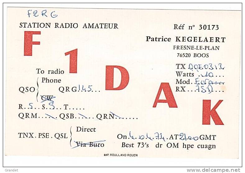 CARTE RADIO QSL - FRESNE LE PLAN - 76 - 1974. - Radio Amateur