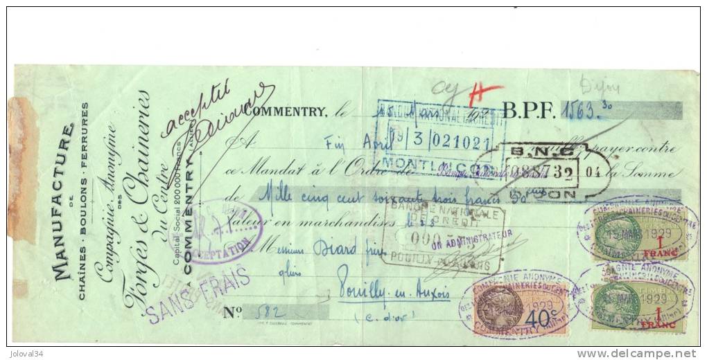 Lettre Change 582  - 1929 - Forge Chainerie Du Centre COMMENTRY Allier Pour Pouilly En Auxois Côte D´Or - Timbre  Fiscal - Lettres De Change