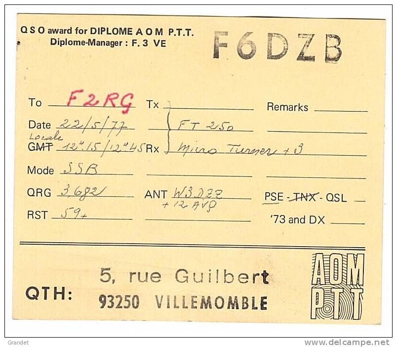 CARTE RADIO QSL - VILLEMOMBLE - 93 - 1977. - Radio Amateur