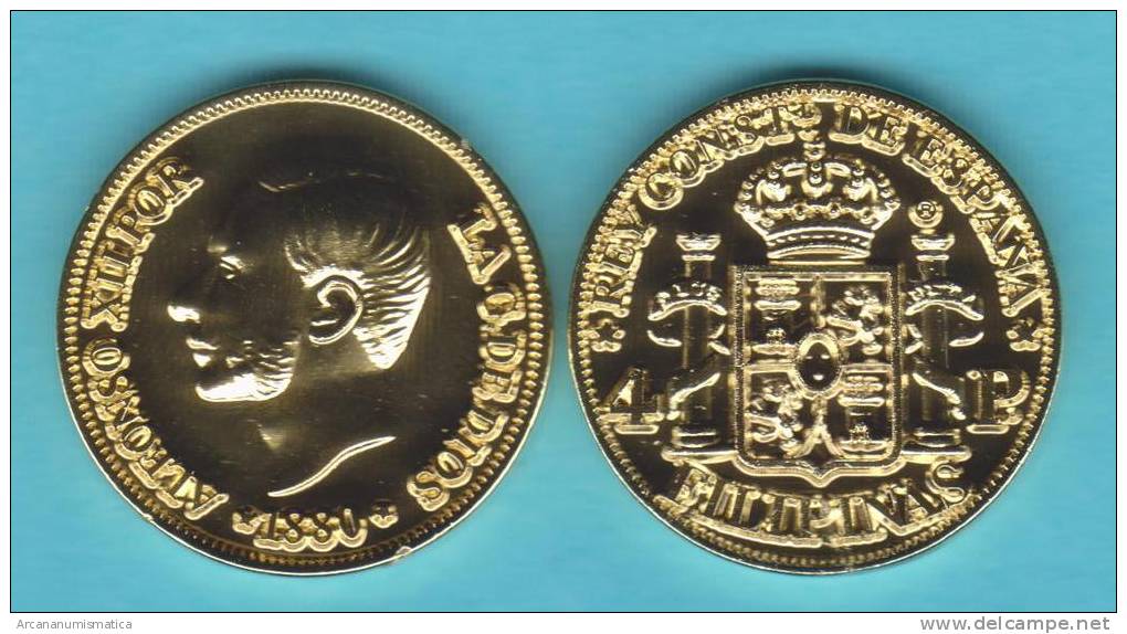 PHILIPPINES  (Spanish Colony-King Alfonso XII) 4 PESOS  1.880  ORO/GOLD  KM#151  SC/UNC  T-DL-10.368 COPY  Del. Inter. - Philippines