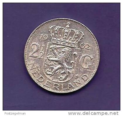 NEDERLAND 1962,  Circulated Coin, XF, 2 1/2 Gulden ,  0.720 Silver Juliana  Km185 C90.100 - Monedas En Oro Y Plata