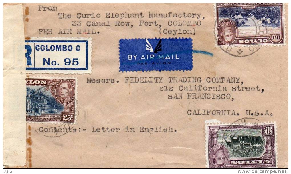 Ceylon 1944 Registered Air Mail Cover To USA - Ceylan (...-1947)