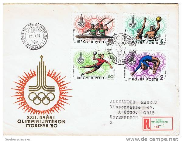 JO80-E/L2 - HONGRIE PA N° 429/35 Neufs** + Série Complète Sur 2 FDC Recommandés Jeux Olympiques Moscou 1980 - Storia Postale