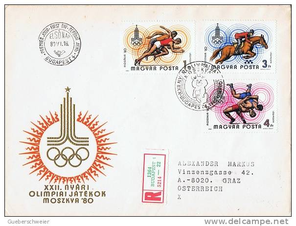 JO80-E/L2 - HONGRIE PA N° 429/35 Neufs** + Série Complète Sur 2 FDC Recommandés Jeux Olympiques Moscou 1980 - Brieven En Documenten