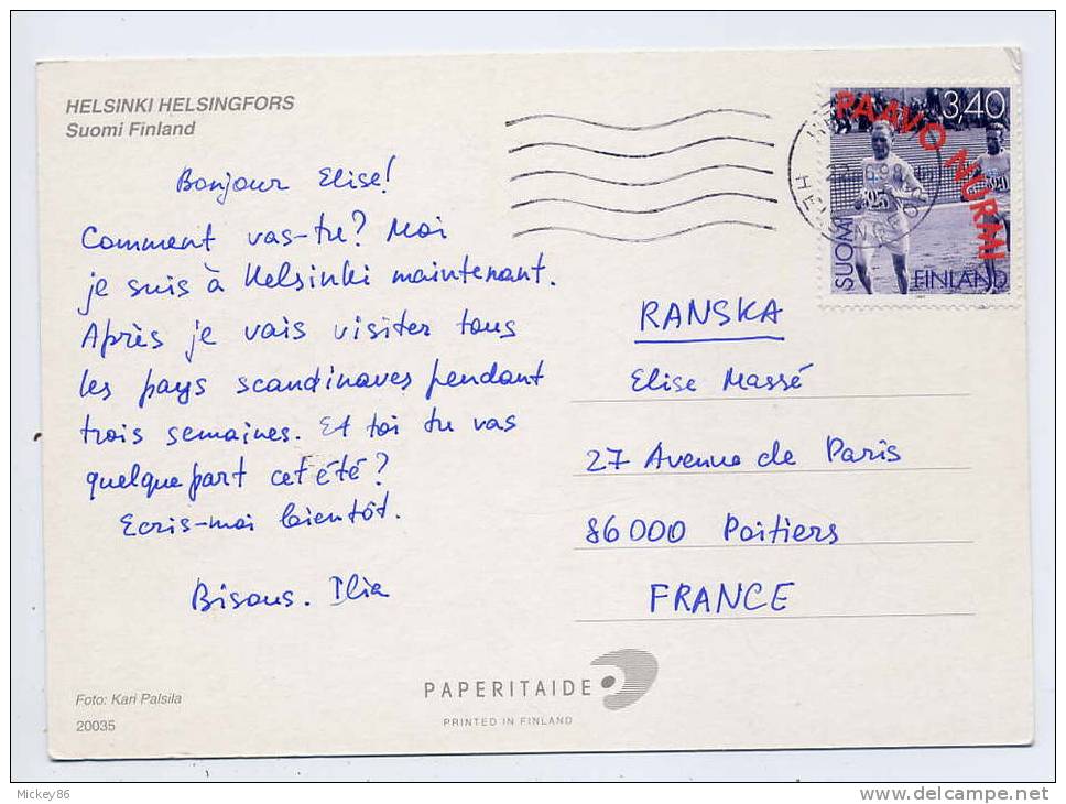 Finlande--1998--Finlande Pour France--timbre "PAAVO NURMI"(athlétisme) Seul Sur Carte Postale - Storia Postale