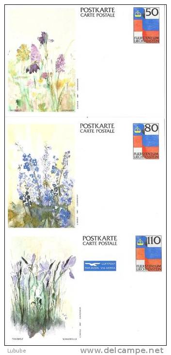 PK-Serie  "Blumen - Riedblumen / Rittersporn / Schwertlilie"  (3 Stück)          1987 - Stamped Stationery