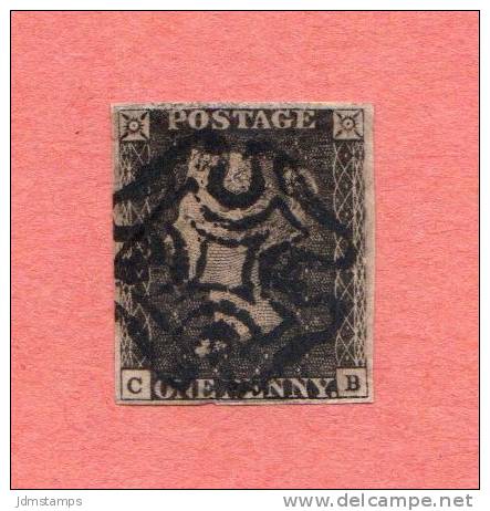 SC #1  1840 Queen Victoria ("Penny Black")  (C,B)  W/tiny Cut/nick In B Margin Below "E" Of "ONE" + Adherent  @ T Backsd - Used Stamps