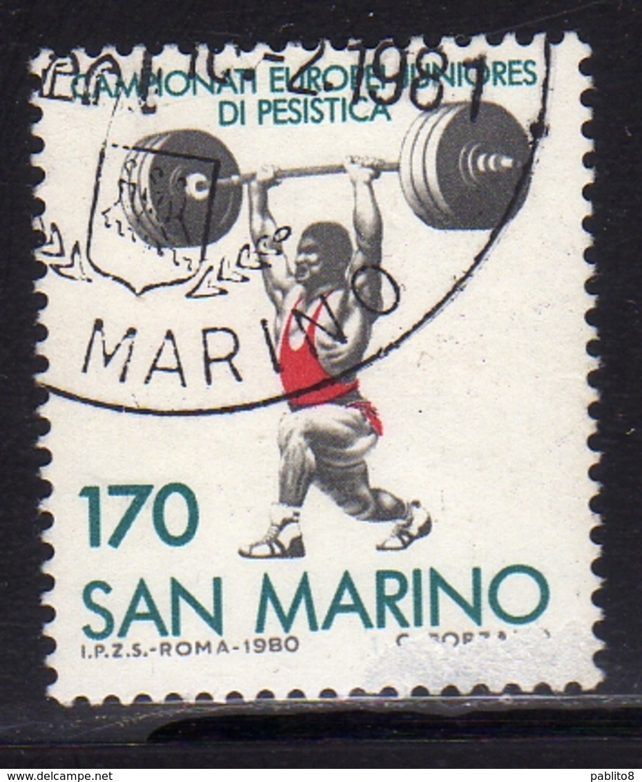 REPUBBLICA DI SAN MARINO 1980 CAMPIONATO EUROPEO JUNIORES SOLLEVAMENTO PESI WEIGHTLIFTING USATO USED OBLITERE' - Usados