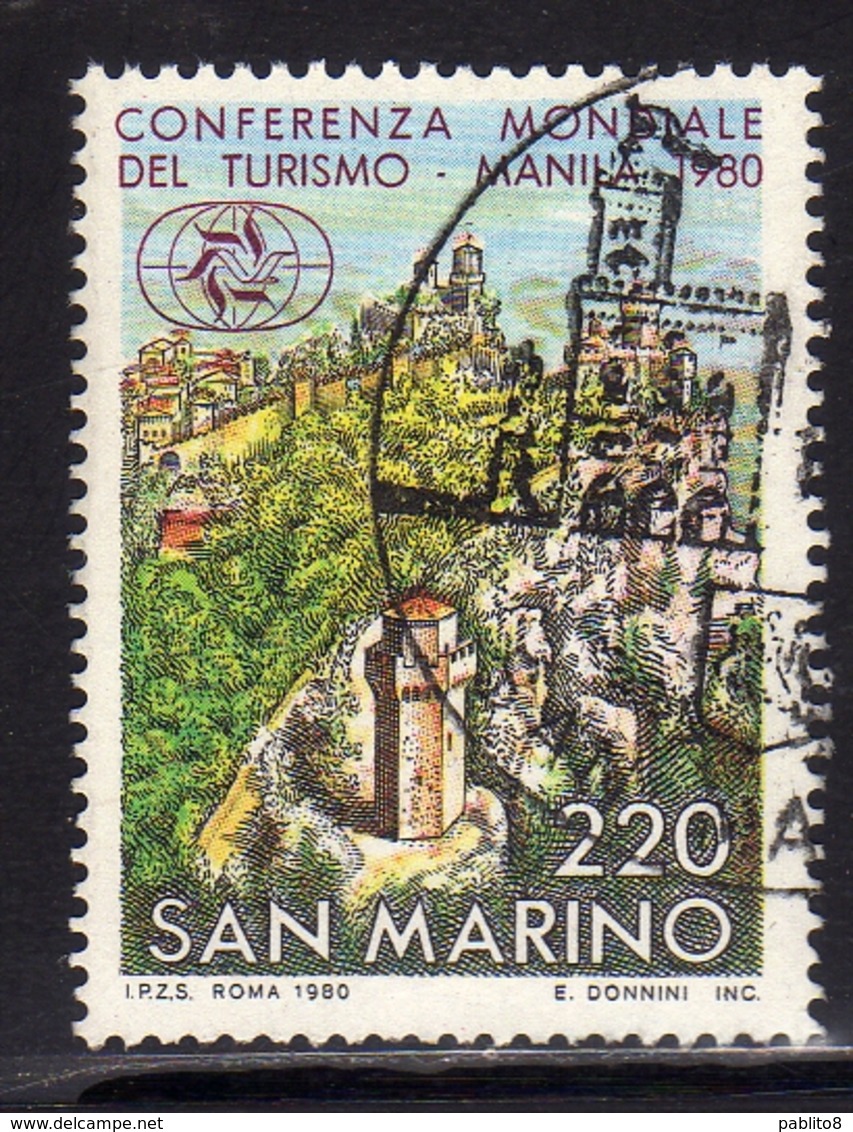 REPUBBLICA DI SAN MARINO 1980 CONFERENZA MONDIALE SUL TURISMO MANILA WORLD TOURISM CONFERENCE LIRE 220 USATO USED OBLIT - Gebraucht