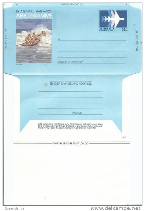 36 Cent Australian Surf Boat Aerogramme 1 Mint Unused Some Gum Tones On Rear - Aérogrammes