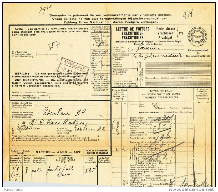 782/20 - Lettre De Voiture Cachet Gare AUVELAIS 1928 Vers ESSCHEN - Andere & Zonder Classificatie