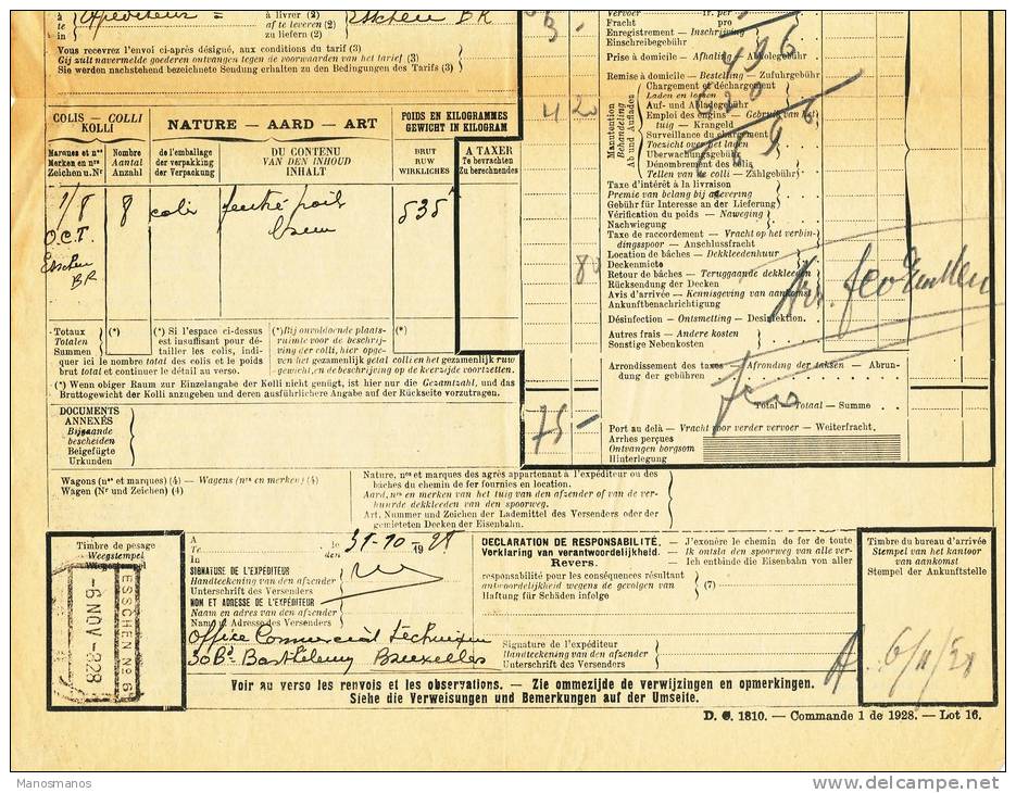 782/20 - Lettre De Voiture Cachet Gare AUVELAIS 1928 Vers ESSCHEN - Andere & Zonder Classificatie