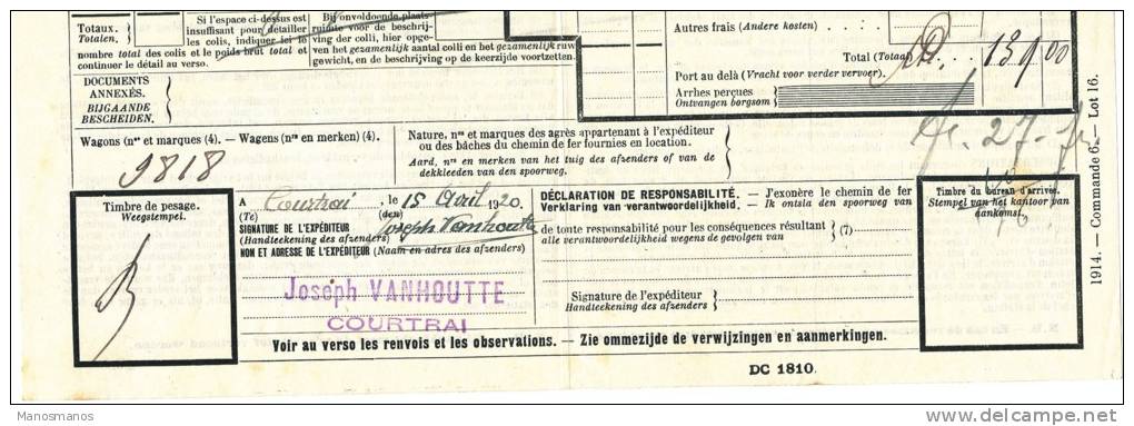 790/20 - Lettre De Voiture Cachet De FORTUNE NOIR - Gare De COURTRAI KORTRIJK 1920 Vers ESSCHEN - Other & Unclassified