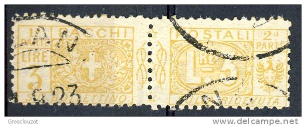 Regno VE3  Pacchi N. 14 Nodo Savoia Lire 3 Giallo Usato - Postal Parcels