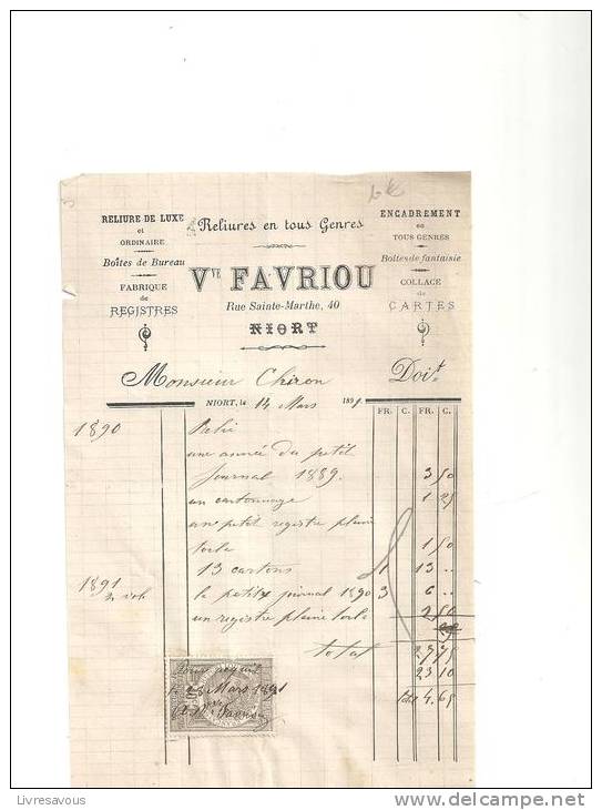 Facture Reliures En Tous Genres Vve Favriou 40, Rue Sainte-Marthe à Niort (79) Du 14 Mars 1891adressée à Mr Chiron - Imprimerie & Papeterie