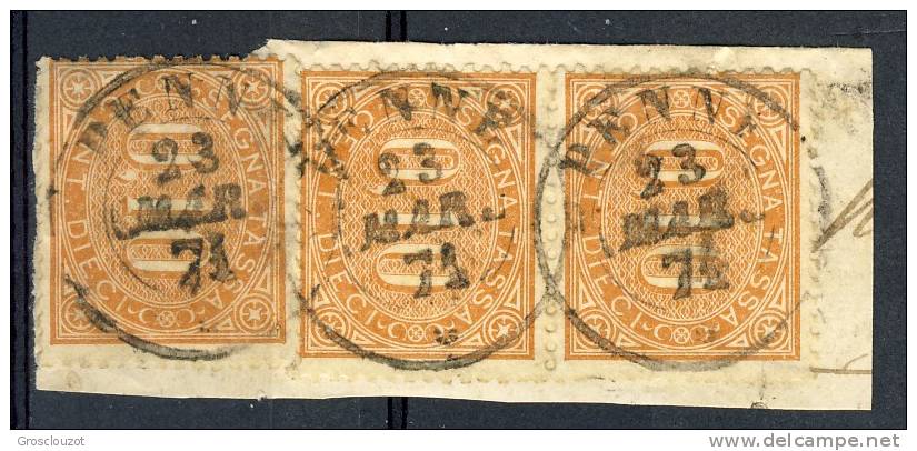 Regno VE2  Segnatasse N. 2 - C. 10 Bruno Arancio, 3 Su Frammento (annullo Penne 23/3/1871) Cat. &euro; 400 - Taxe